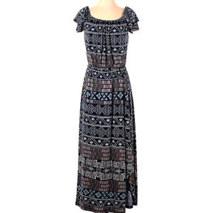 MISA Los Angeles Jersey Aztec print cap ruffle sleeve maxi dress Resortwear